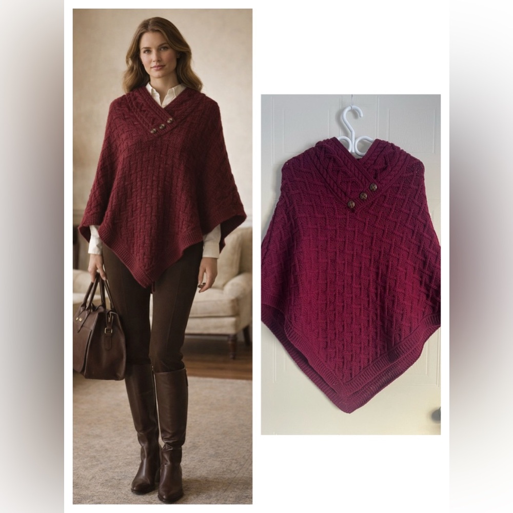 Quiet Luxury Aran Mor Merino Wool Poncho S Burgundy Cable Knit - Picture 13 of 13